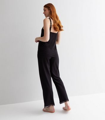 Maternity Black Trouser Pyjama Set with Lace Trim New Look