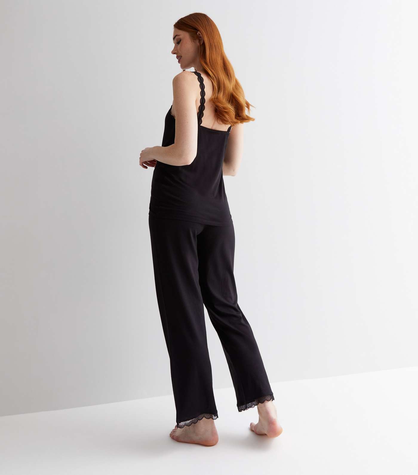 Maternity Black Trouser Pyjama Set with Lace Trim Image 4