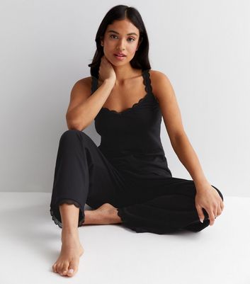Petite Black Lace Trim Modal Trousers