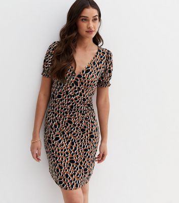 Brown Animal Print Short Puff Sleeve Mini Wrap Dress