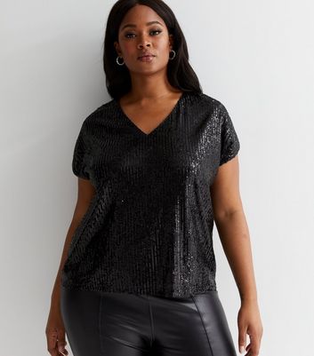 Curves Black Sequin V Neck Top | New Look