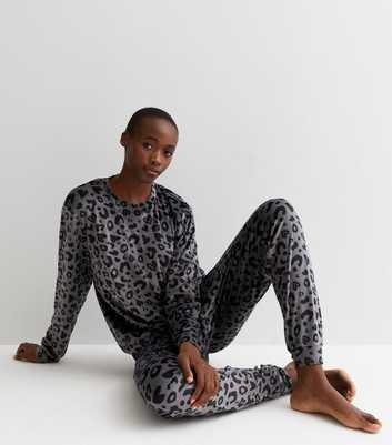 Tall Light Grey Leopard Print Velvet Joggers