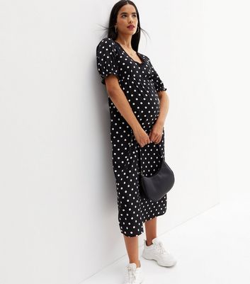 Maternity Black Spot Puff Sleeve Midi Dress New Look