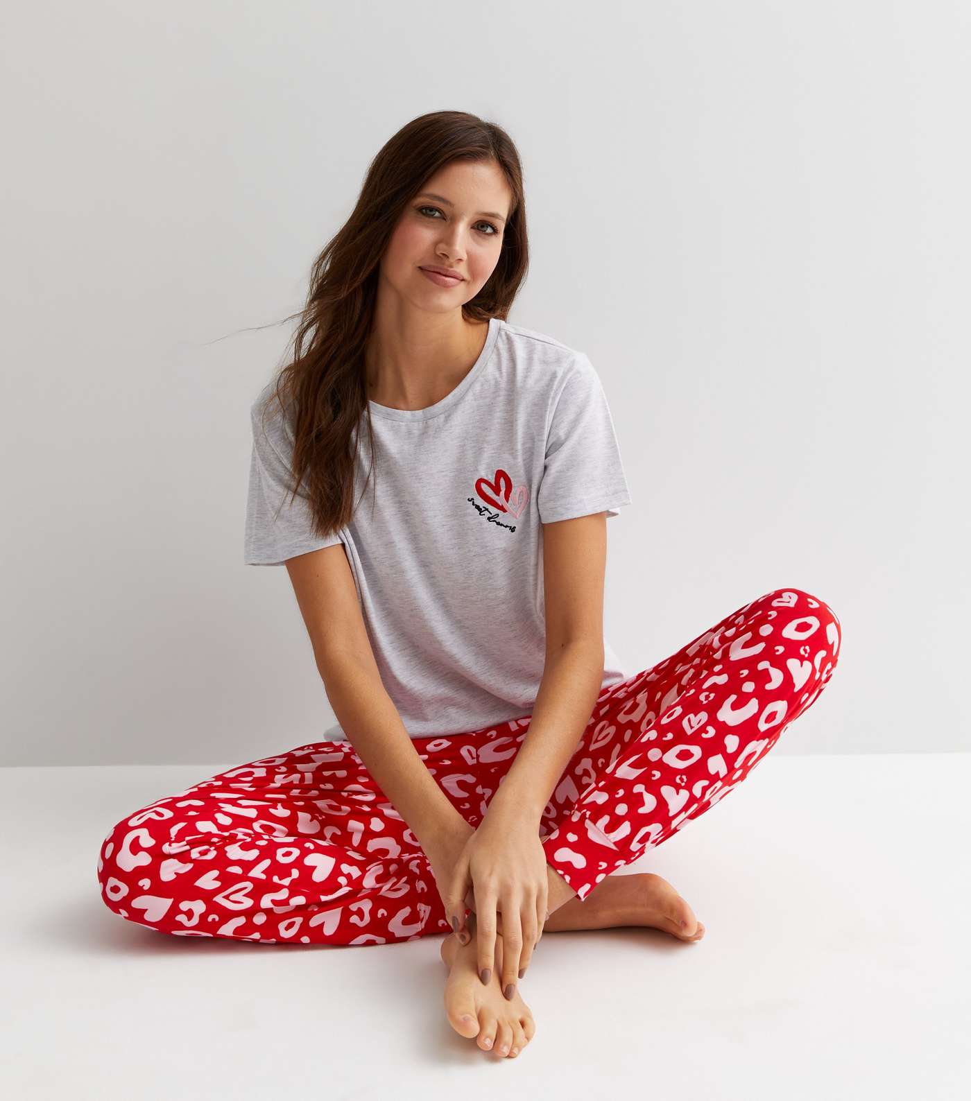 Light Grey Soft Touch Jogger Pyjama Set with Leopard Heart Print