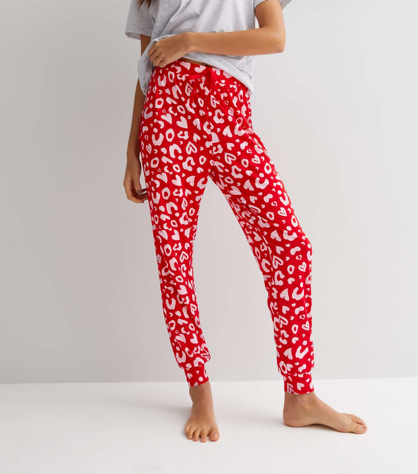 Light Grey Soft Touch Jogger Pyjama Set with Leopard Heart Print Image 3
