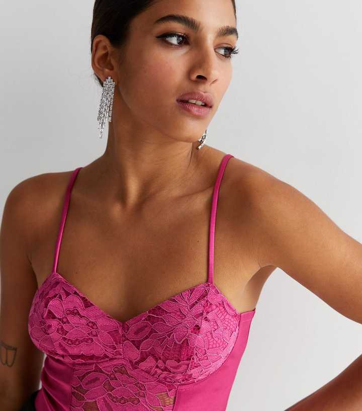 Petite Bright Pink Satin Lace Bralette