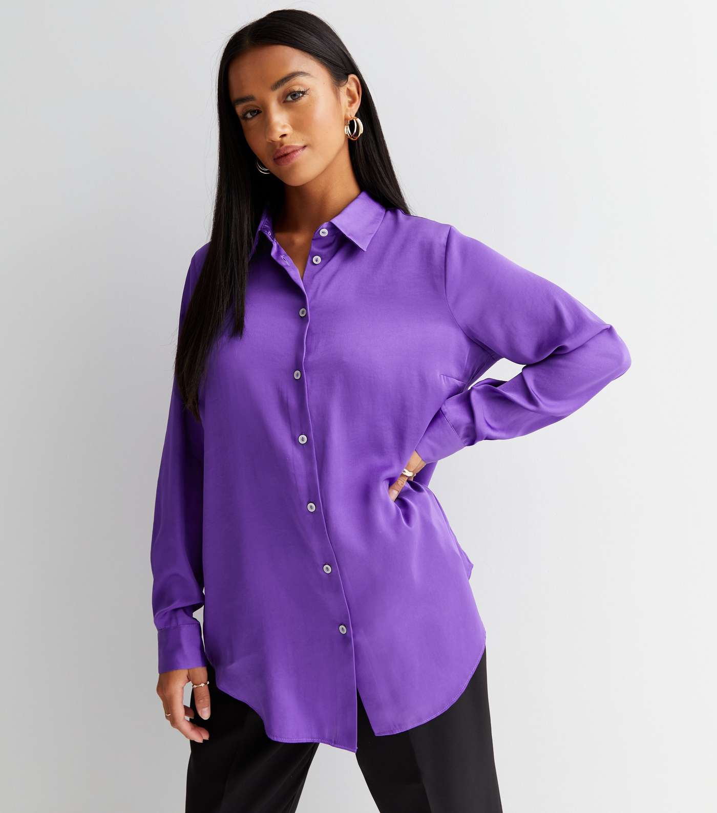 Petite Purple Satin Long Sleeve Oversized Shirt