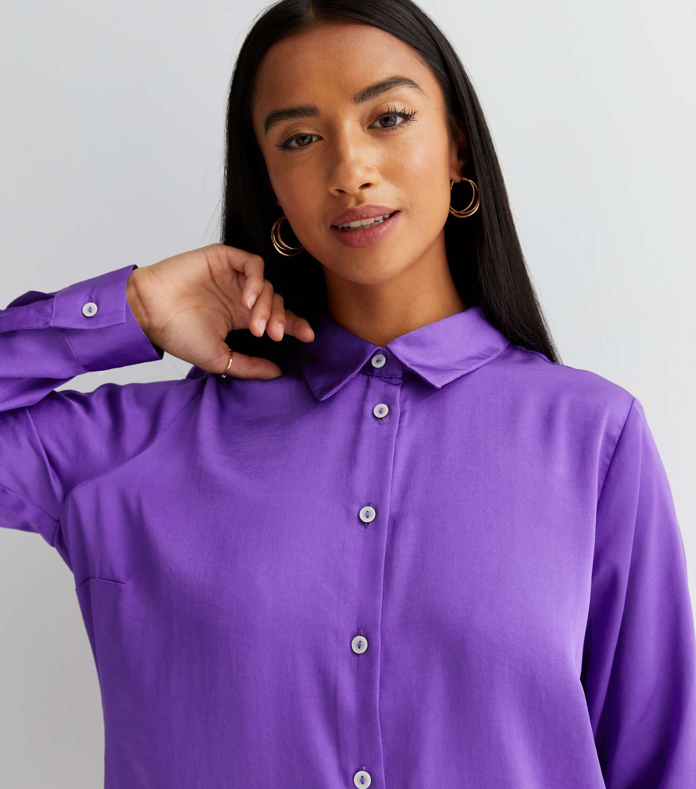 Petite Purple Satin Long Sleeve Oversized Shirt Image 3