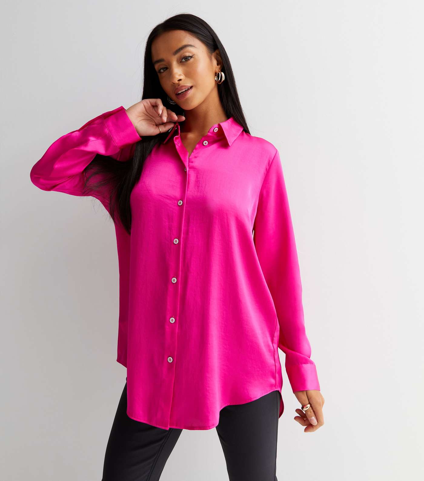 Petite Bright Pink Satin Long Sleeve Oversized Shirt