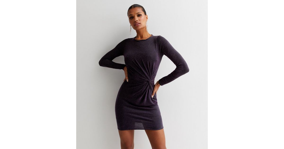 Dark Purple Glitter Long Sleeve Twist Mini Bodycon Dress | New Look