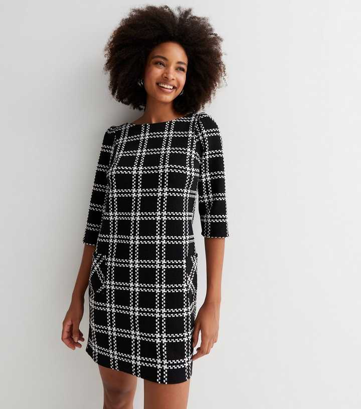 Mid-Length Dress Black and White Houndstooth Technical Cotton Jacquard