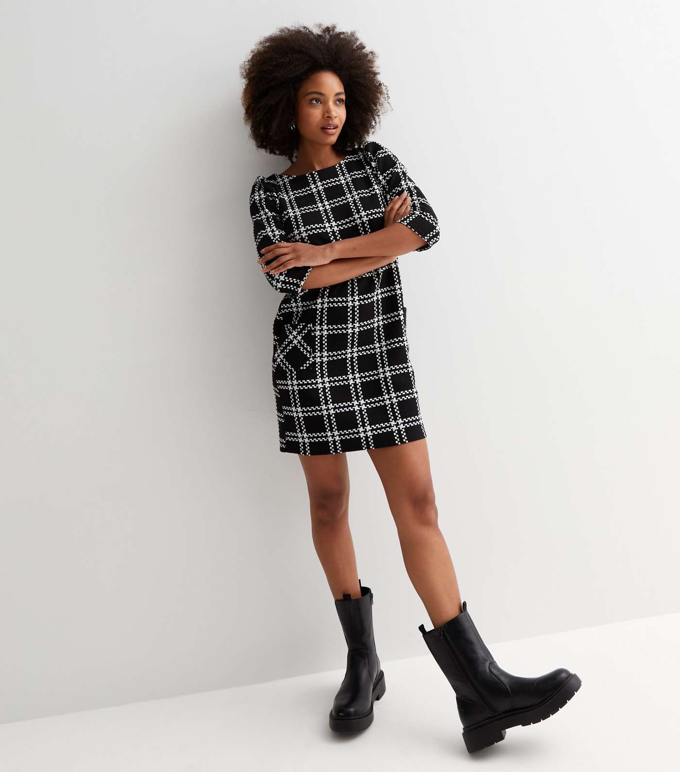 Black Jacquard Check 3/4 Sleeve Mini Tunic Dress Image 2