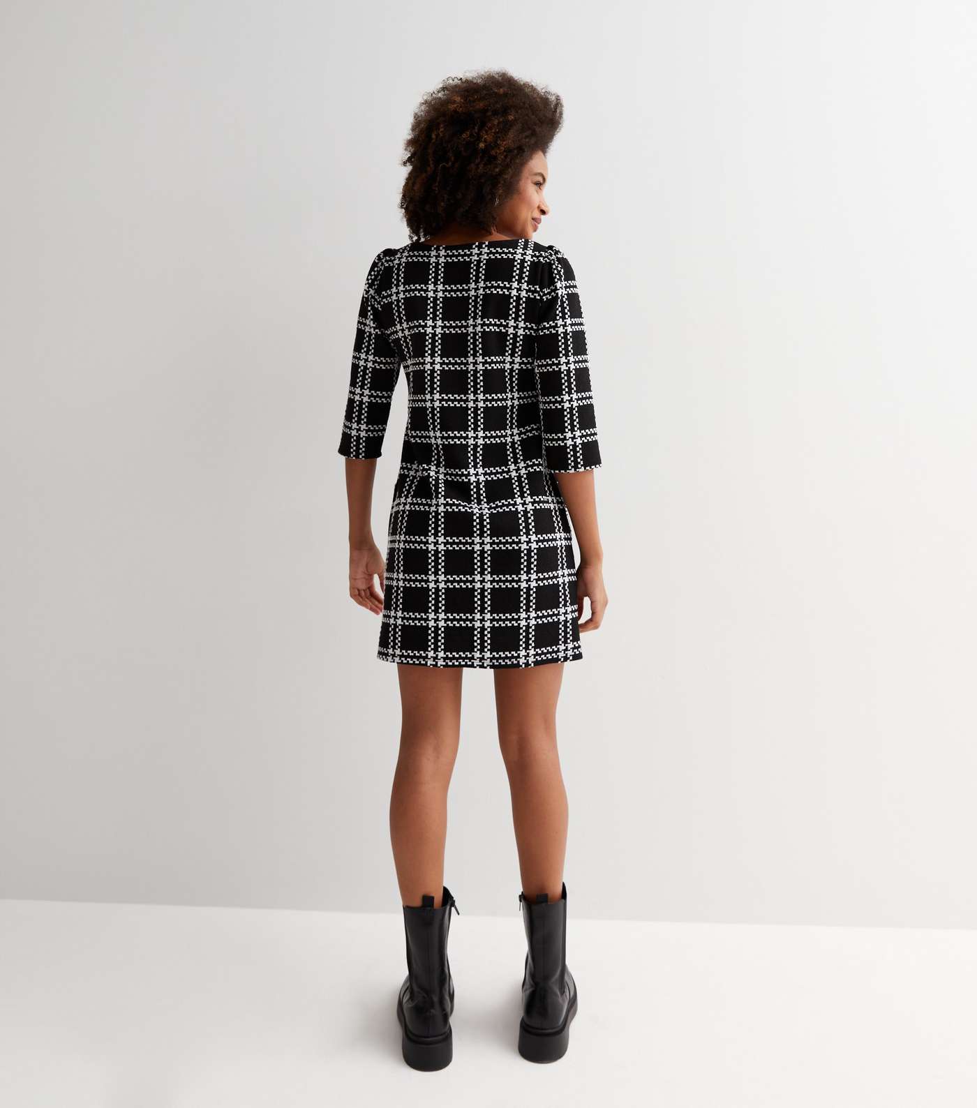 Black Jacquard Check 3/4 Sleeve Mini Tunic Dress Image 4
