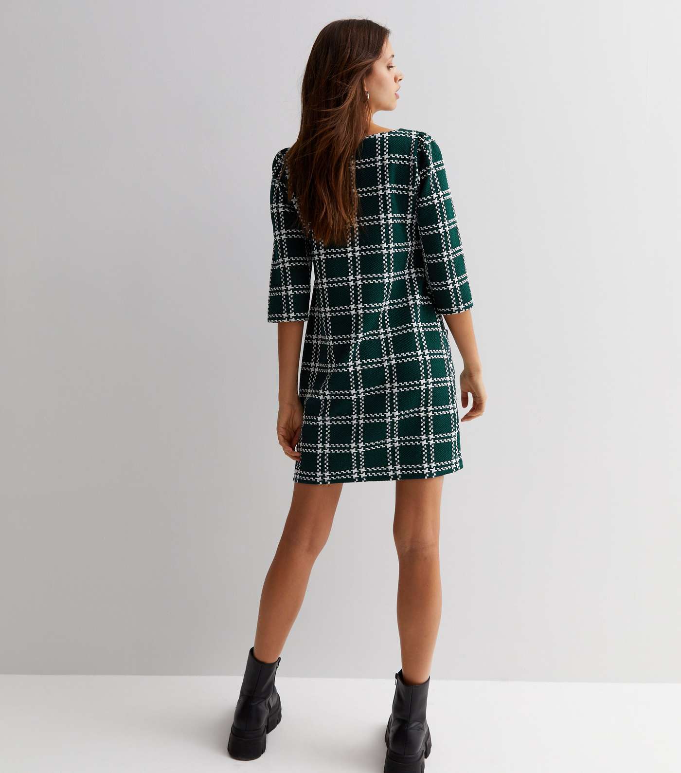 Dark Green Jacquard Check 3/4 Sleeve Mini Tunic Dress Image 4