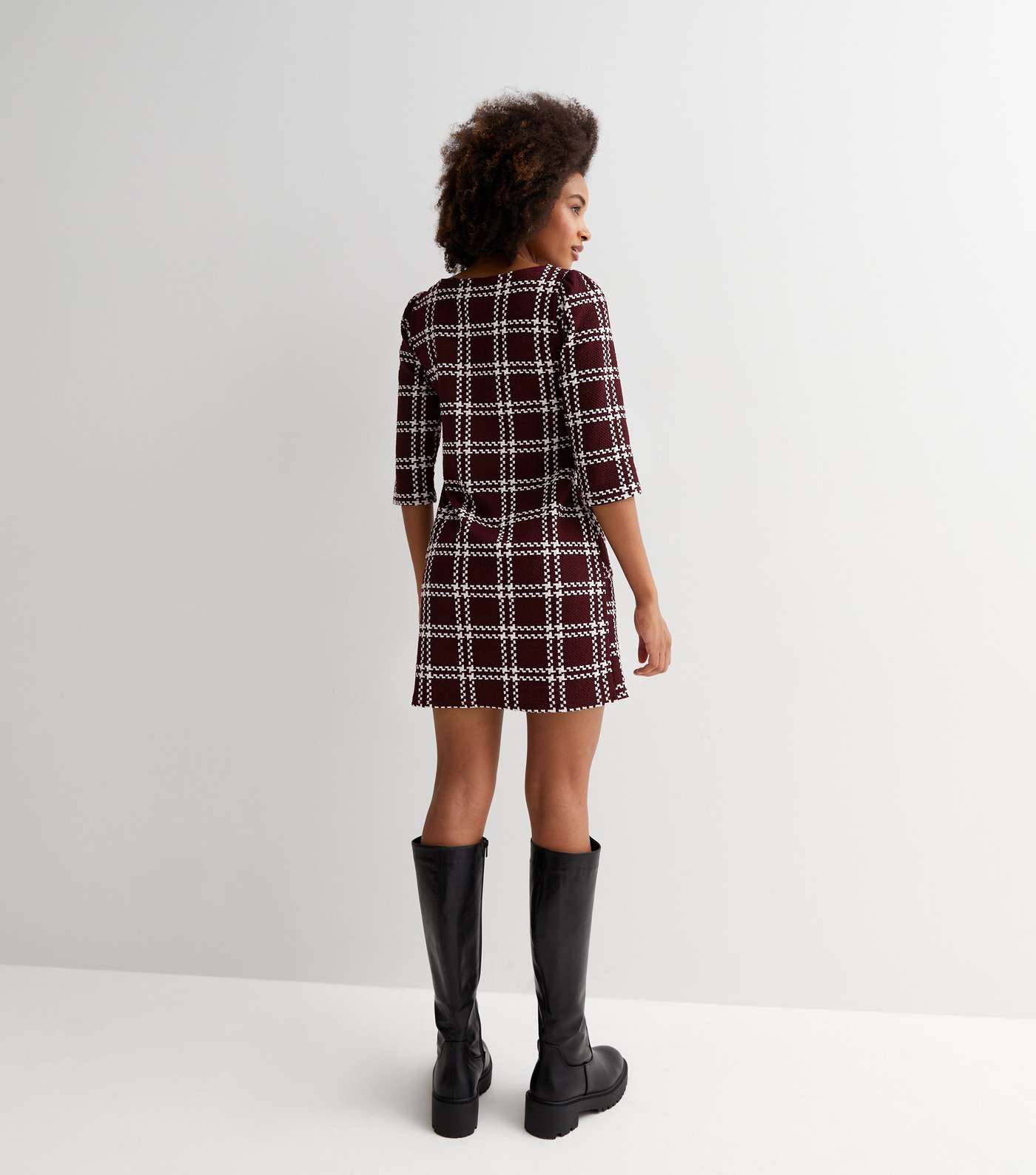 Burgundy Jacquard Check 3/4 Sleeve Mini Tunic Dress Image 4