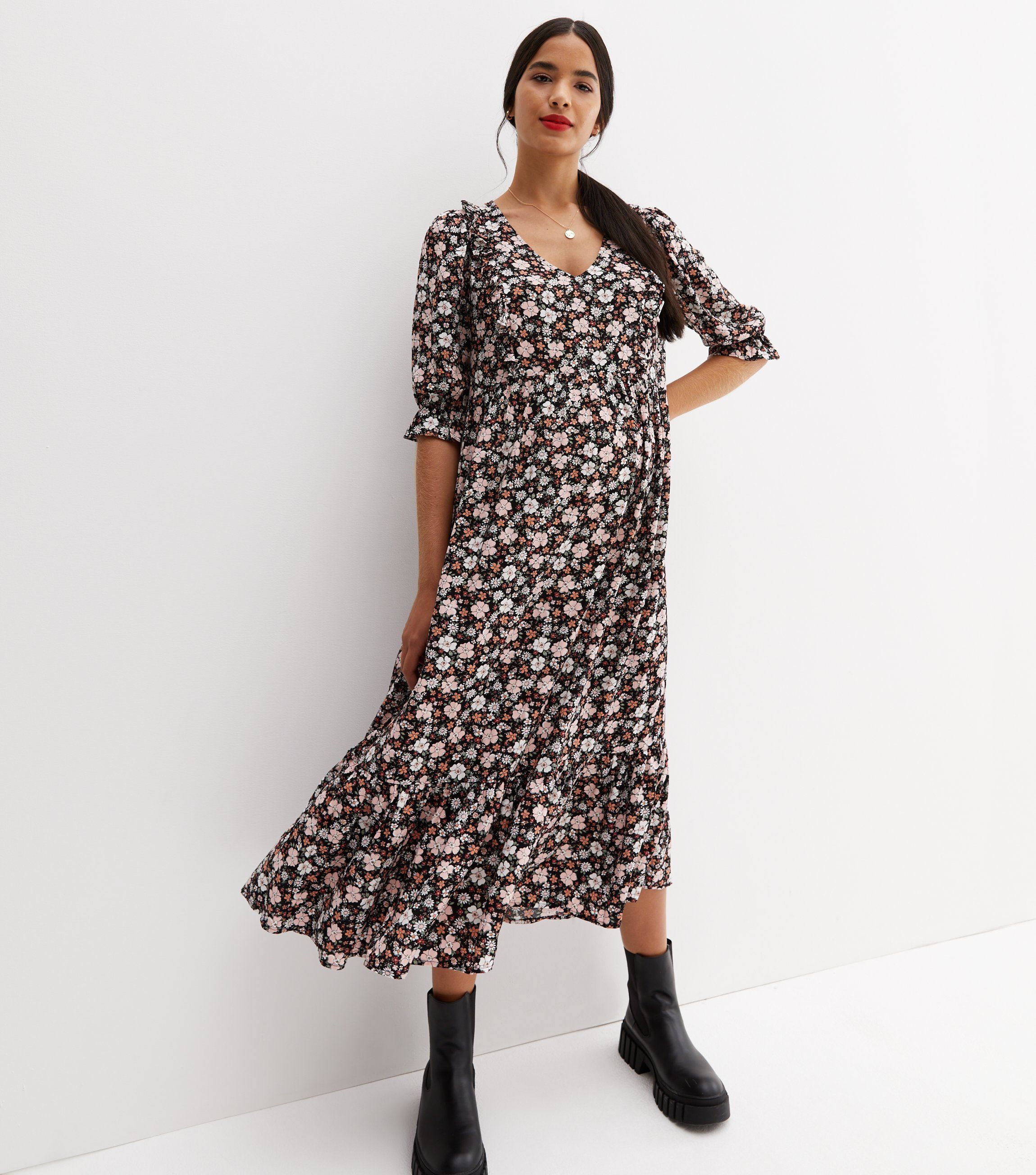 Maternity Black Floral Midi Nursing Dress
