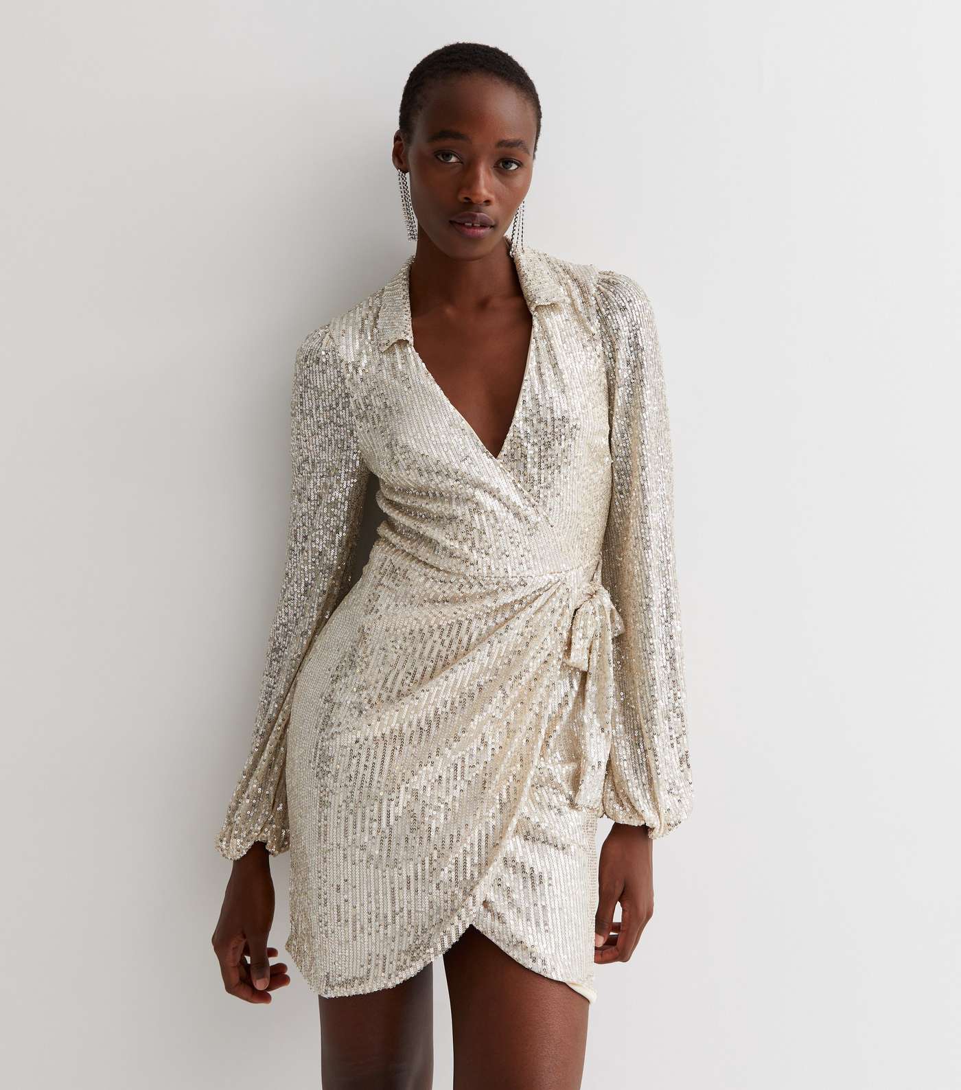 Tall Silver Sequin Collared Long Sleeve Mini Wrap Dress Image 3