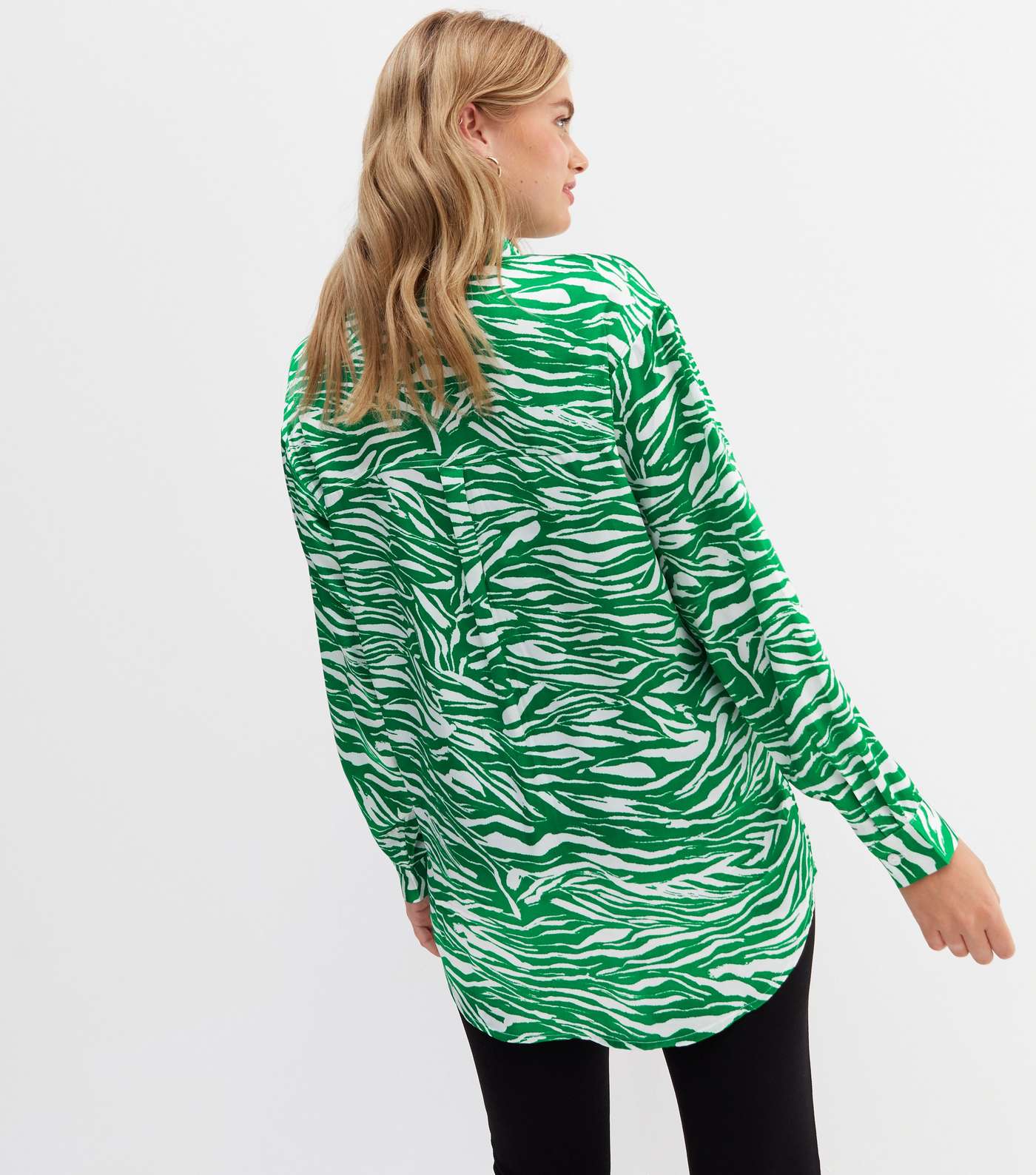 Tall Green Zebra Print Satin Oversized Shirt Image 4