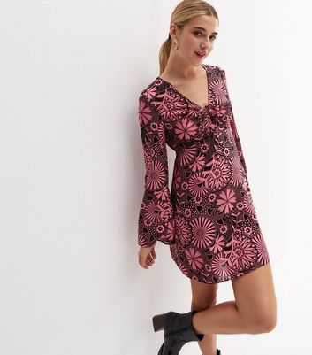 Black Retro Floral Tie Front Long Flared Sleeve Mini Dress