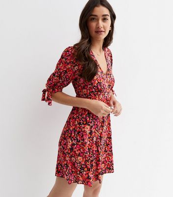 Orange Ditsy Floral V Neck Tie Sleeve Mini Tea Dress