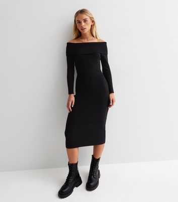 Petite Black Ribbed Knit Bardot Long Sleeve Midi Bodycon Dress