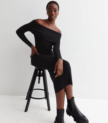 Tall Black Ribbed Knit Bardot Long Sleeve Midi Bodycon Dress