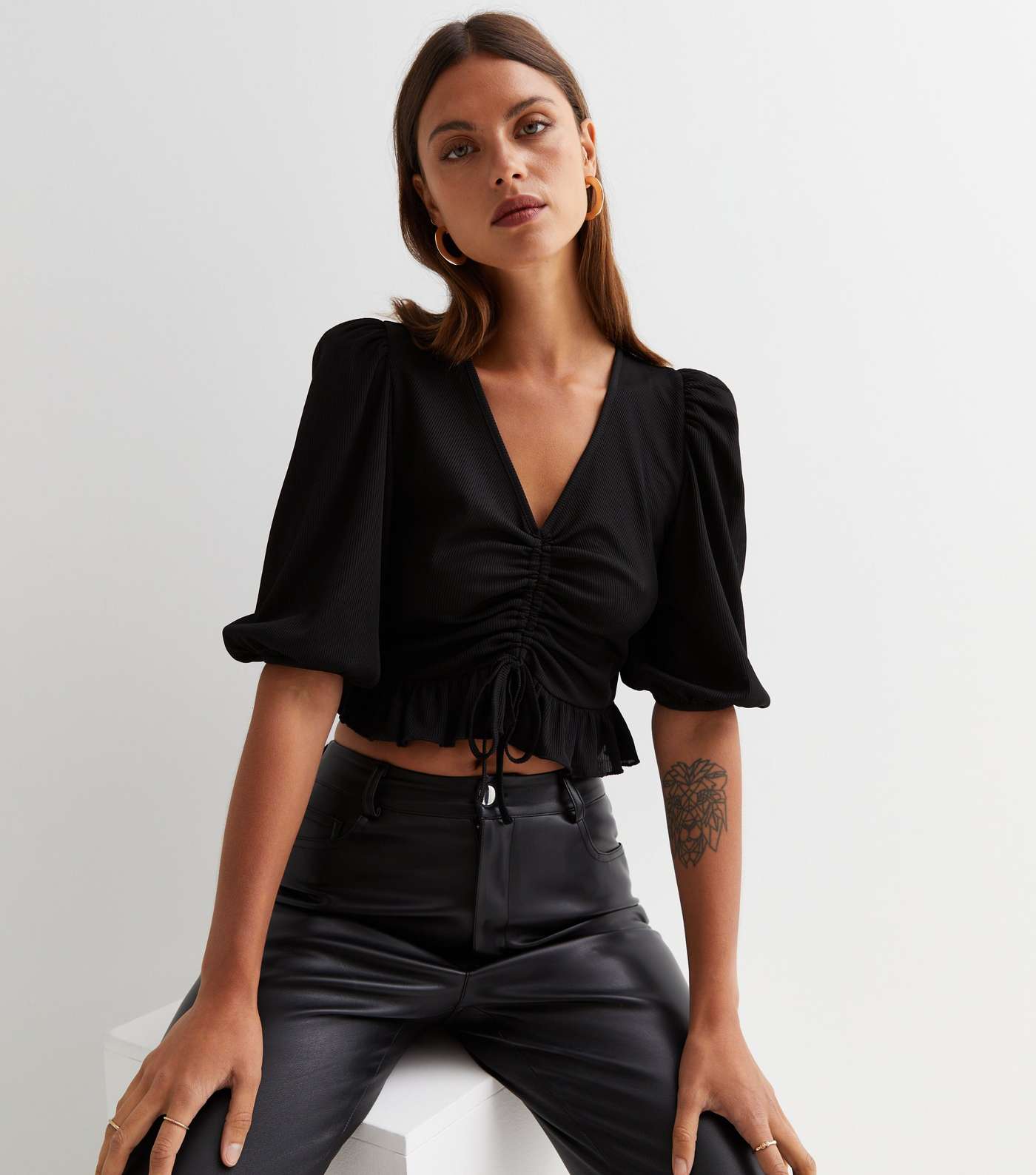 Black Ribbed Ruched Tie Front Crop Top