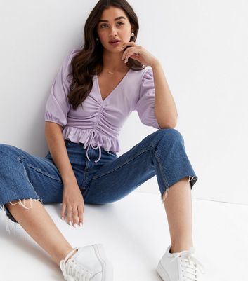 Lilac Ribbed Ruched Tie Front Crop Top | New Look