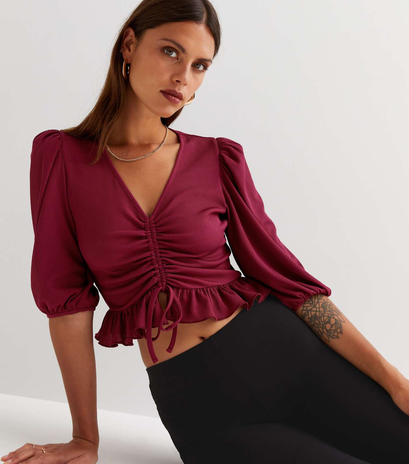 Burgundy Ribbed Ruched Tie Front Crop Top