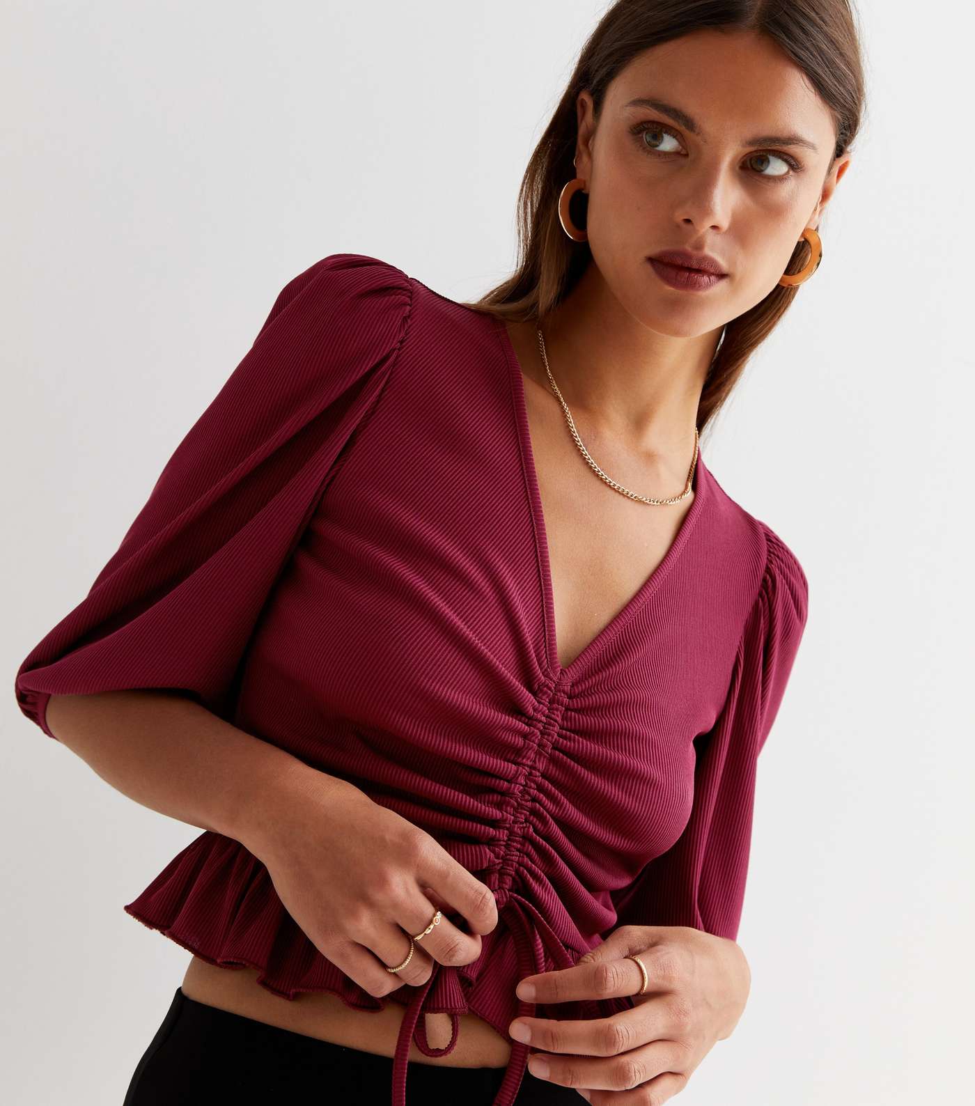 Burgundy Ribbed Ruched Tie Front Crop Top Image 3