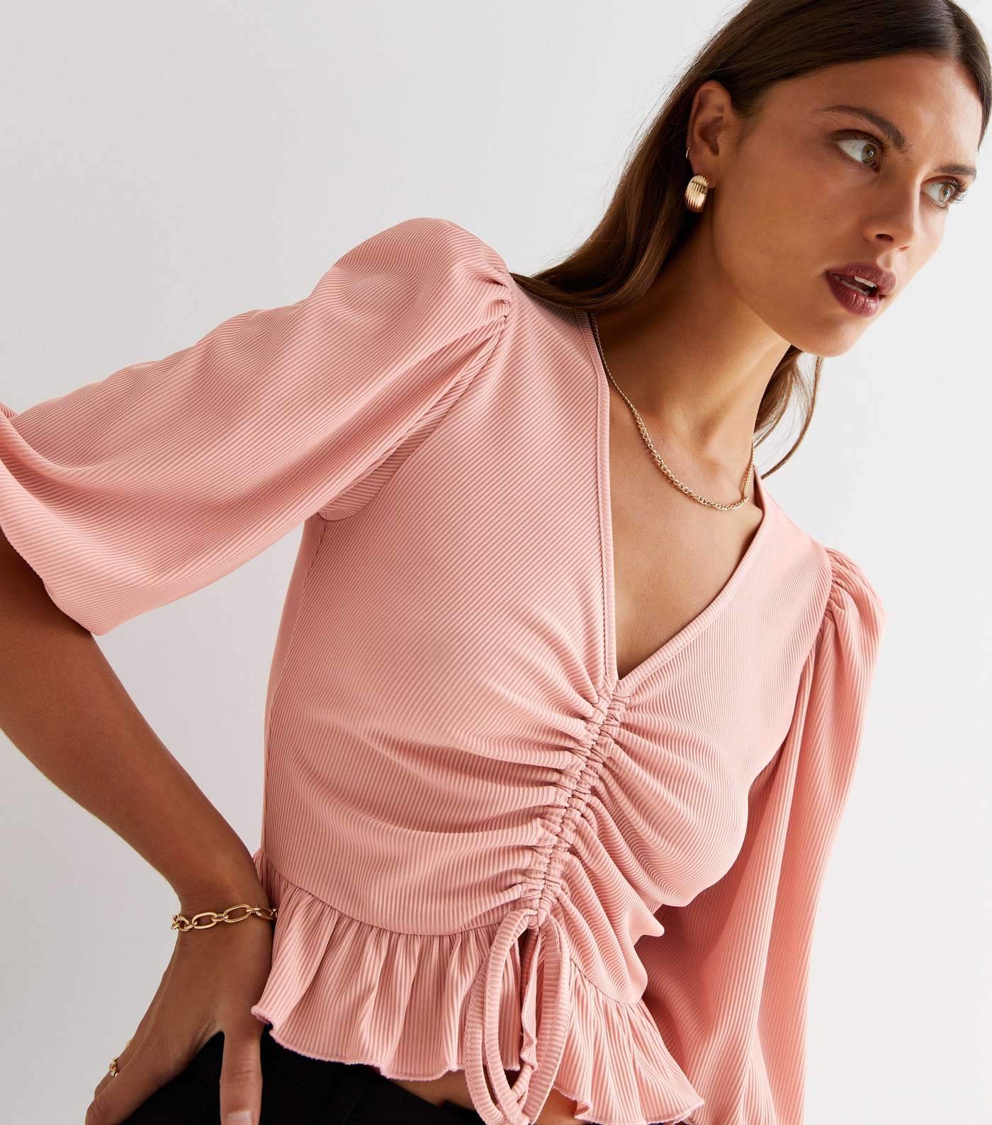 Pink Ribbed Ruched Tie Front Crop Top