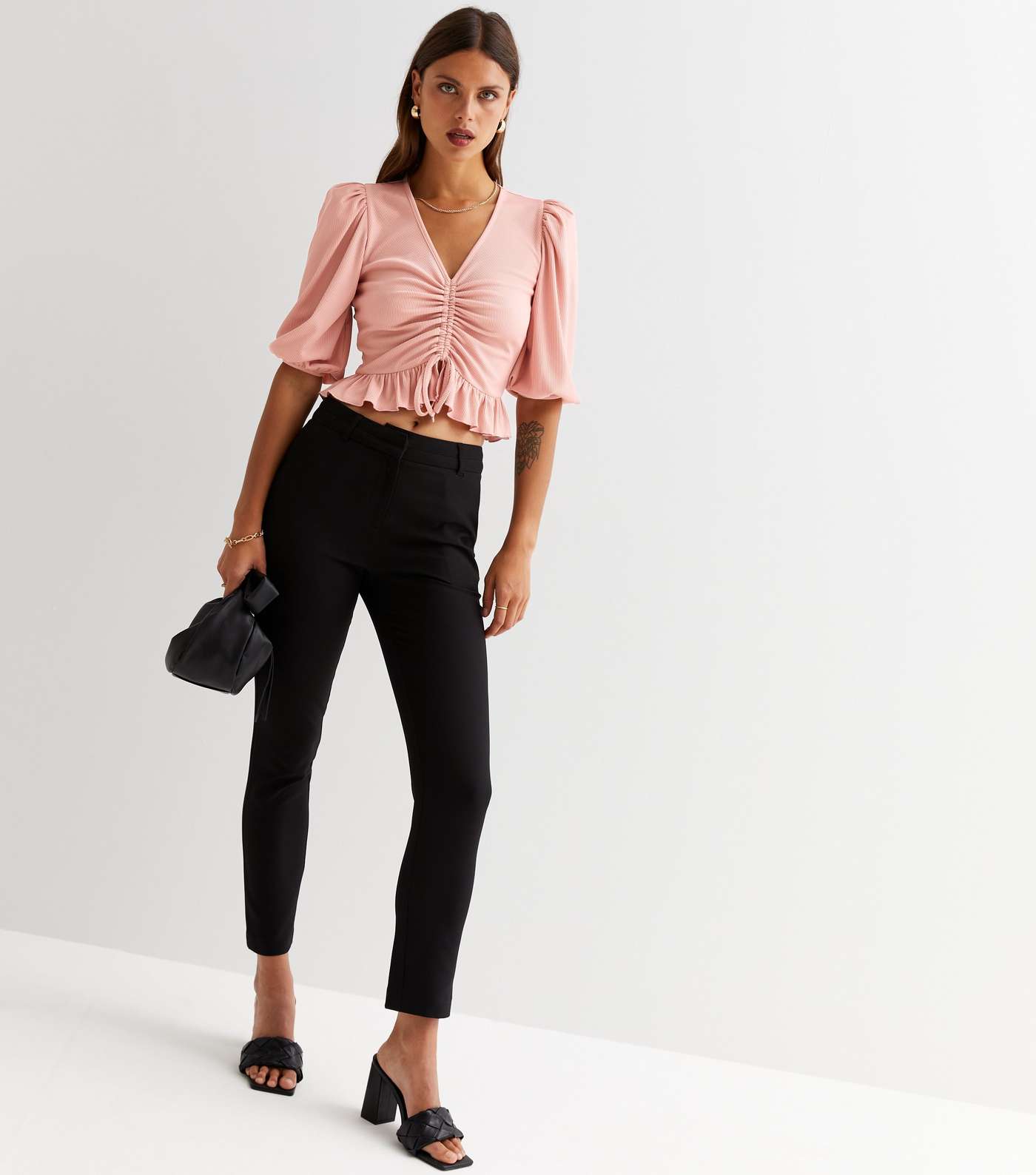 Pink Ribbed Ruched Tie Front Crop Top Image 3