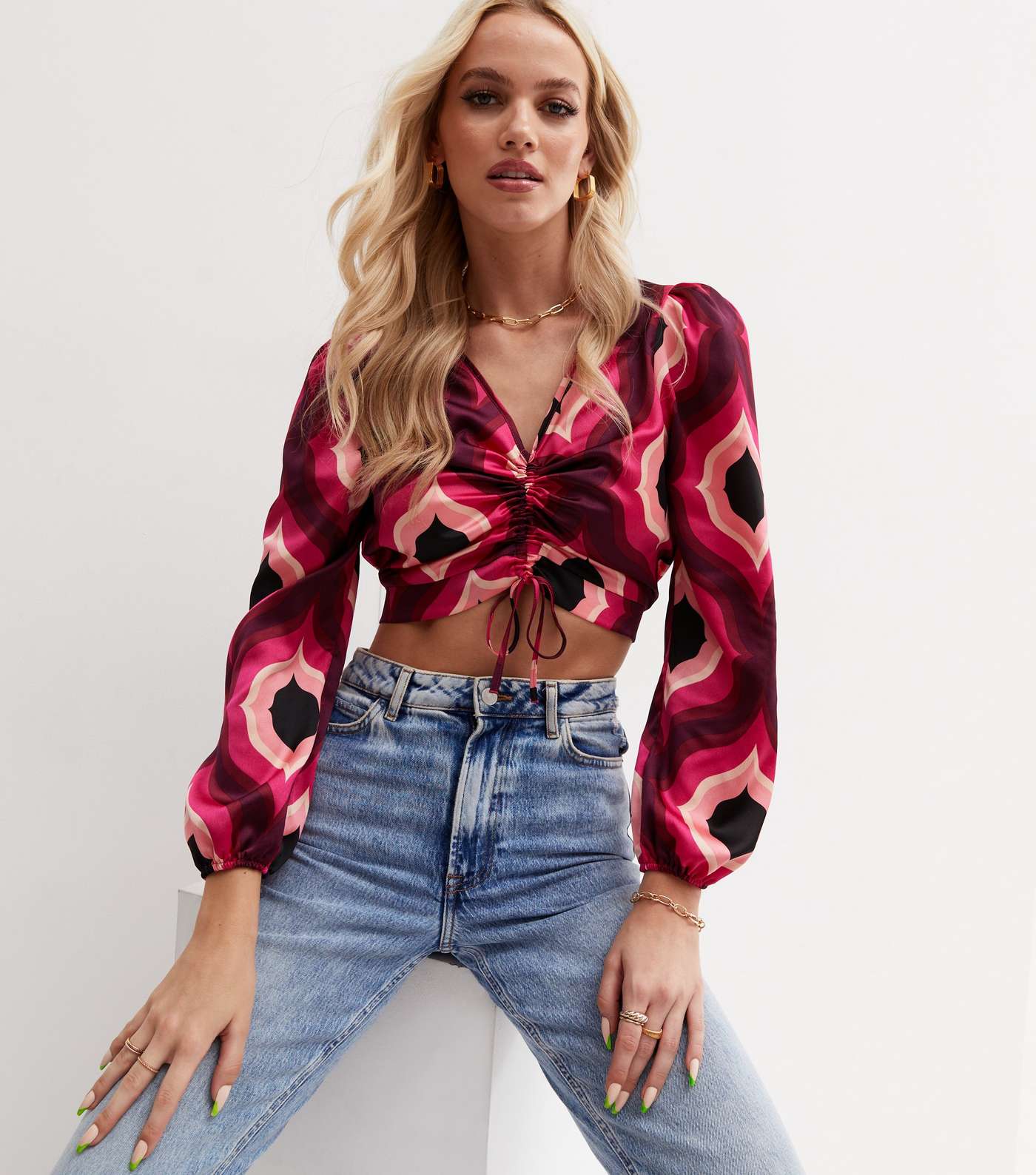 Pink Geometric Satin Ruched Long Puff Sleeve Crop Top