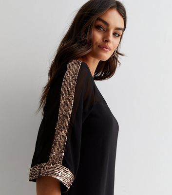 Black Crew Neck 1/2 Sleeve Sequin Trim Mini Tunic Dress | New Look