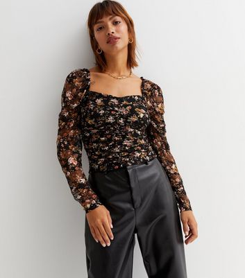 Black Floral Mesh Ruched Top