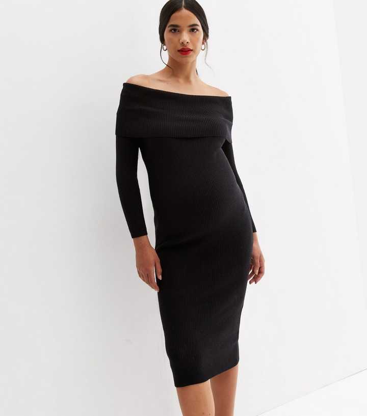 Maternity Black Ribbed Knit Bardot Dress