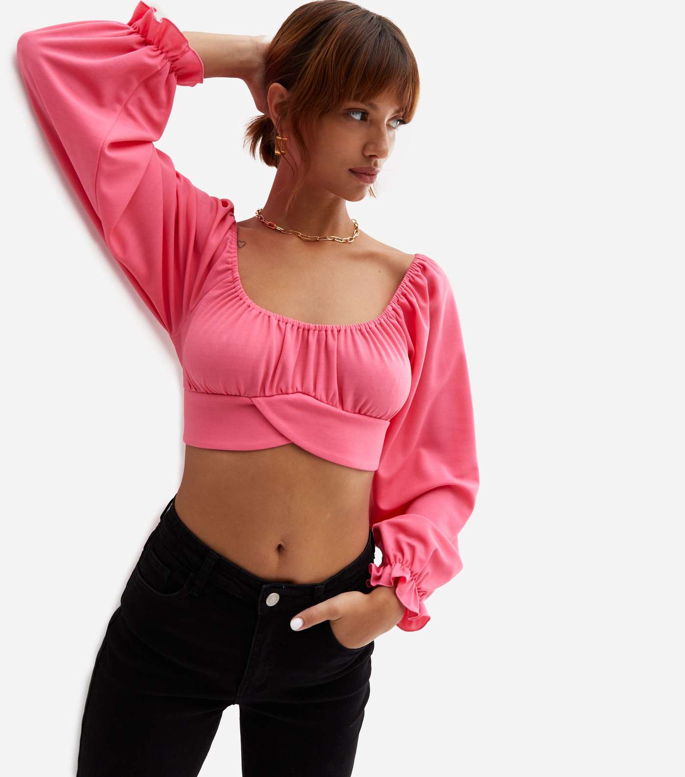 Cameo Rose Bright Pink Long Puff Sleeve Tie Back Crop Top Image 2