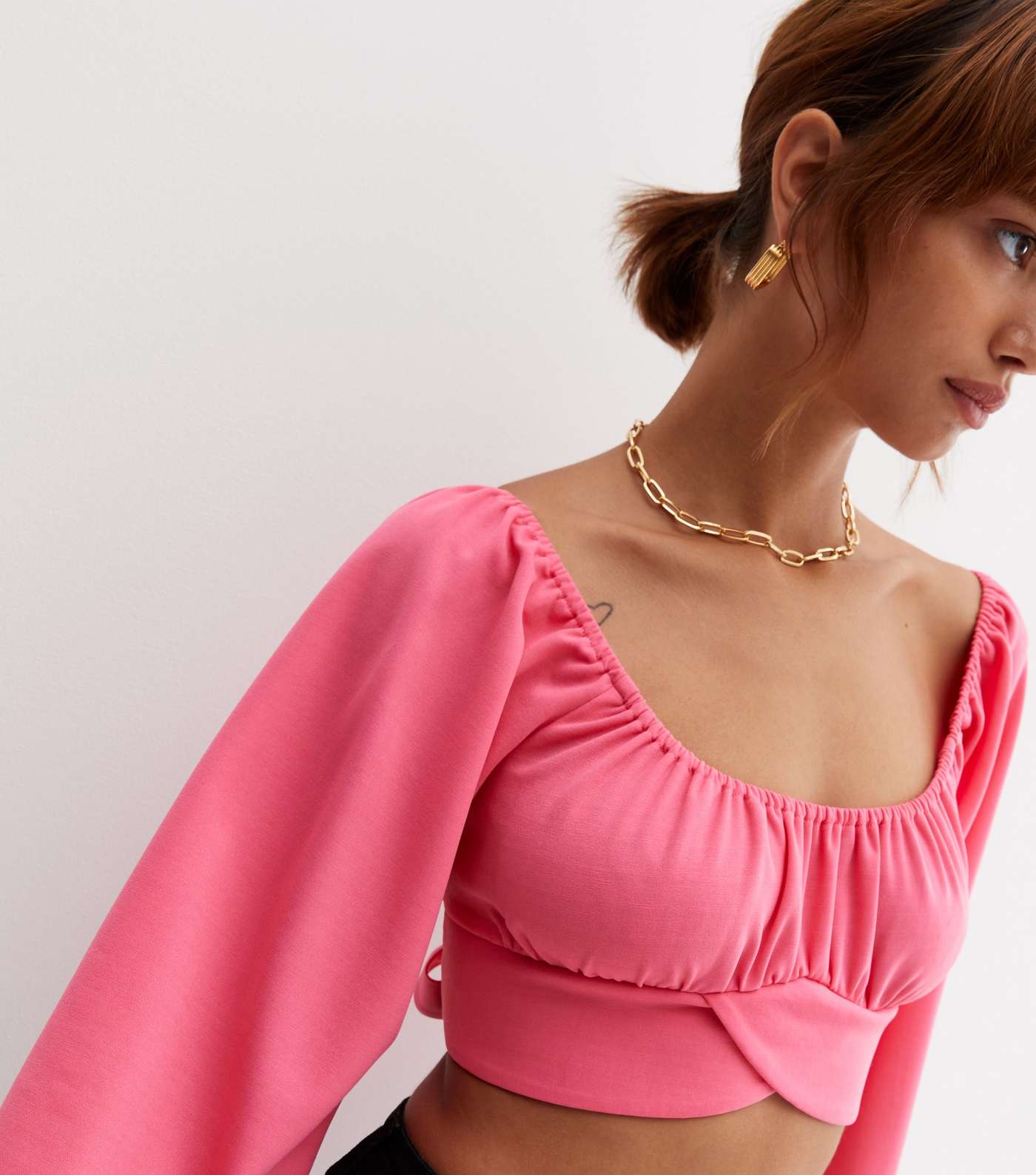 Cameo Rose Bright Pink Long Puff Sleeve Tie Back Crop Top Image 4