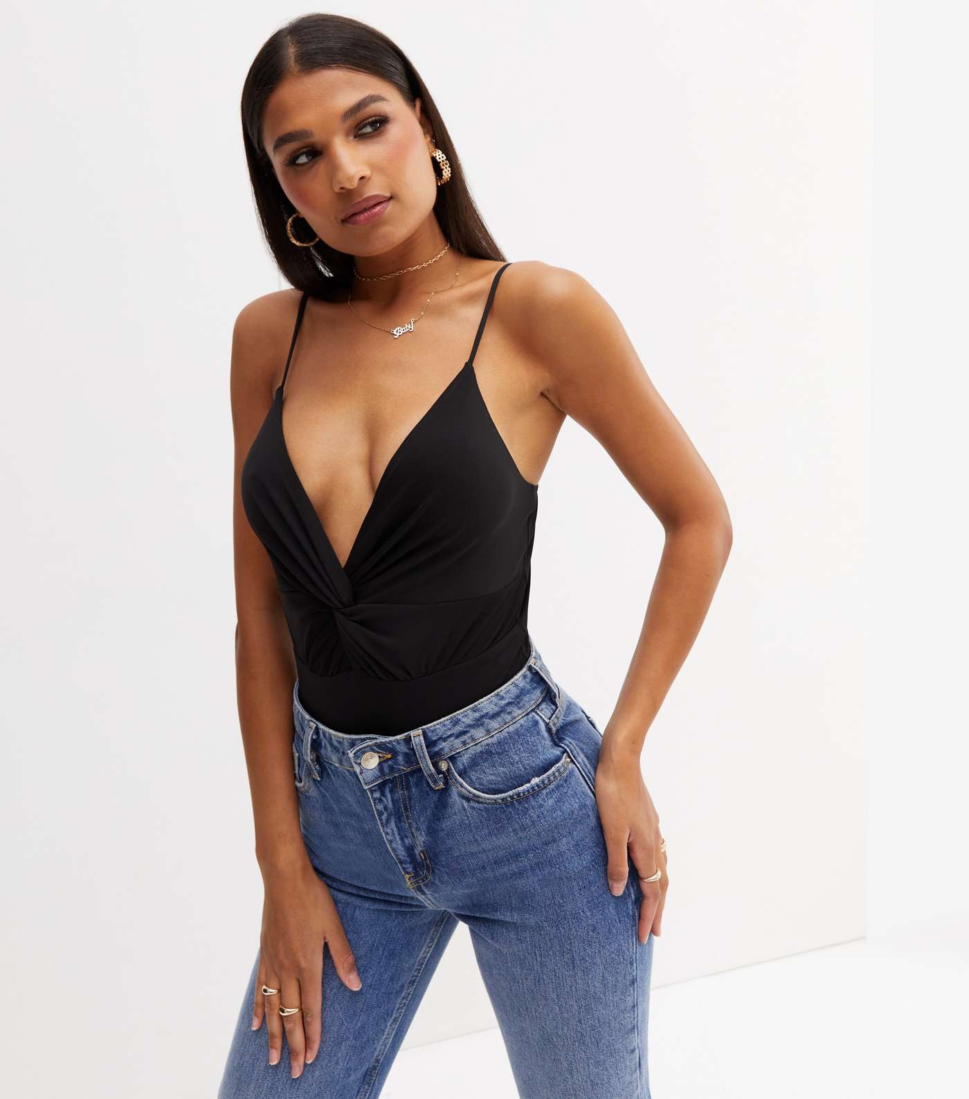 Cameo Rose Black Twist Front Strappy Bodysuit