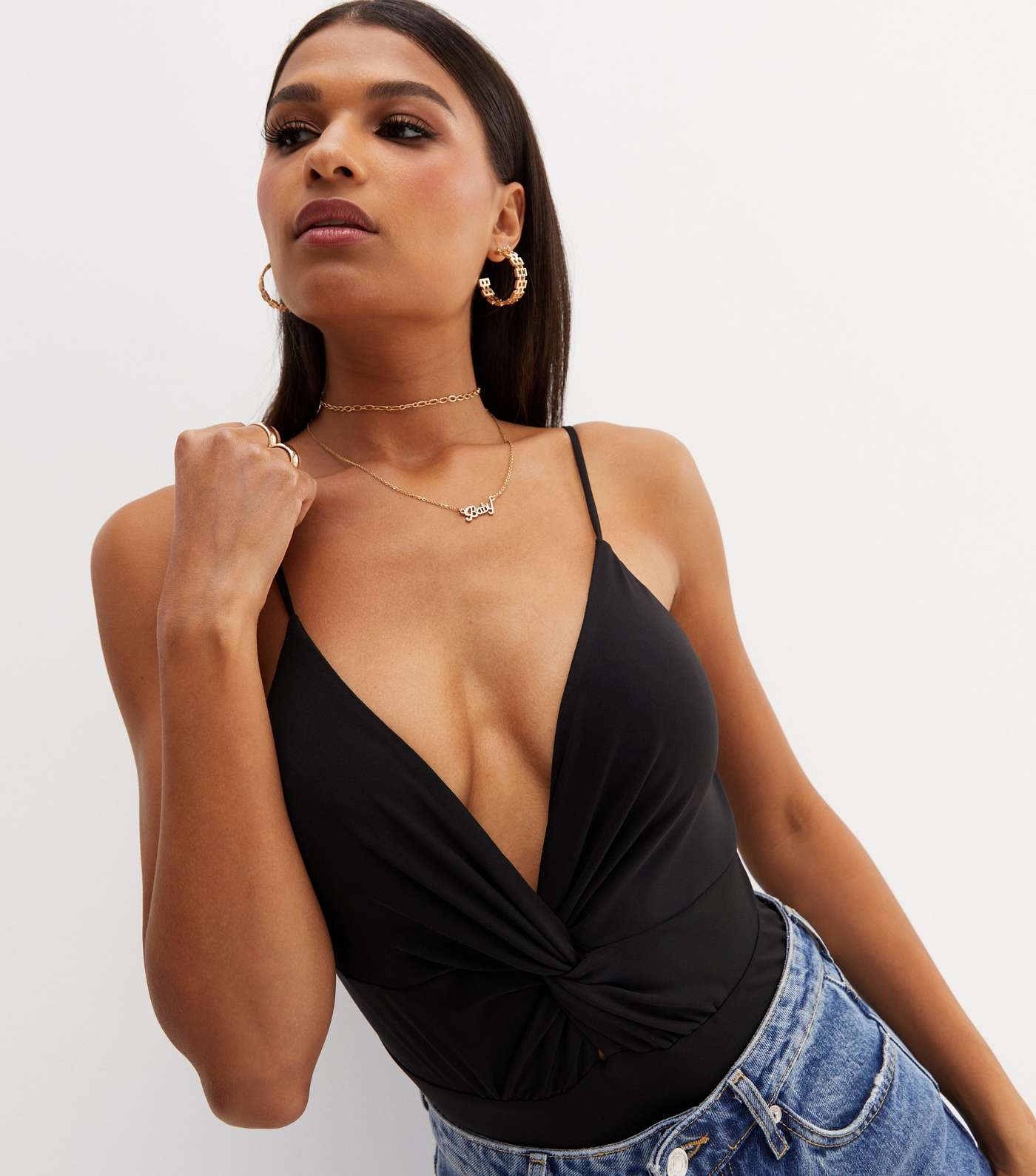 Cameo Rose Black Twist Front Strappy Bodysuit Image 3