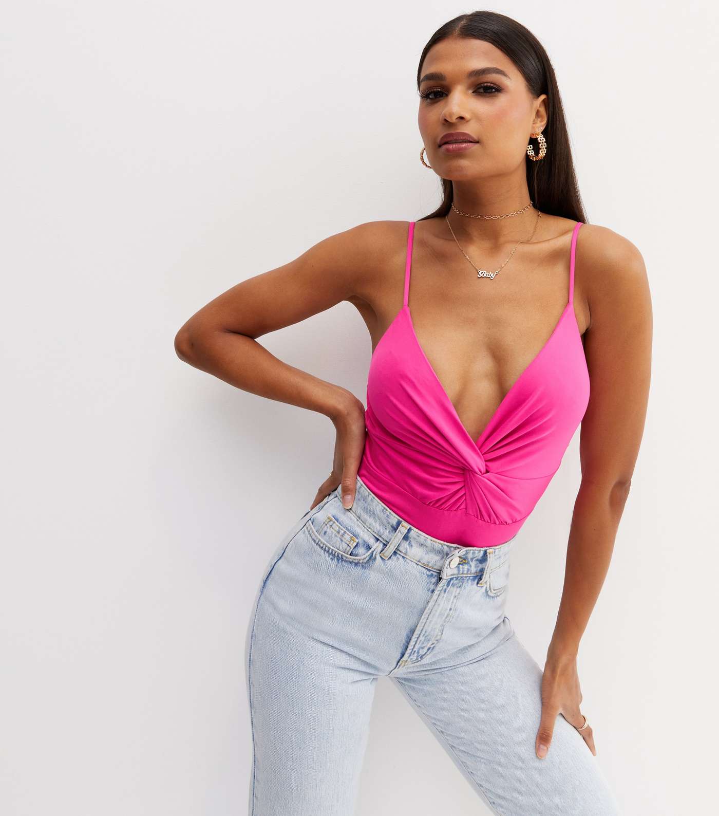 Cameo Rose Bright Pink Twist Front Strappy Bodysuit Image 2
