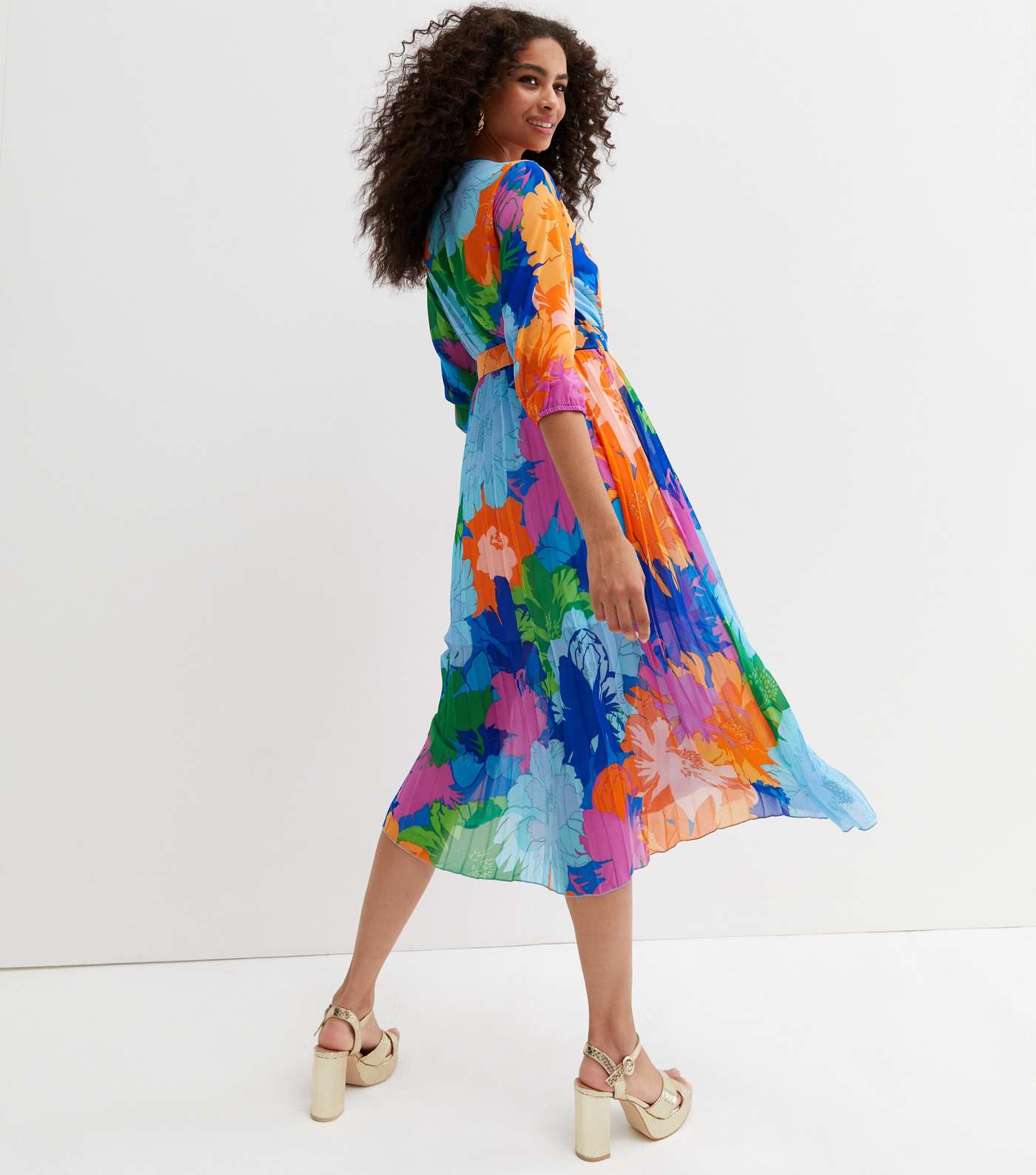 Cameo Rose Multicoloured Floral Chiffon Belted Pleated Midi Dress Image 4