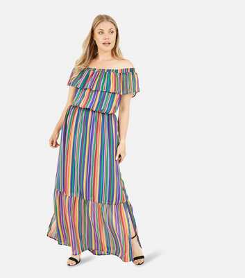 Yumi Curves Multicoloured Stripe Bardot Maxi Dress