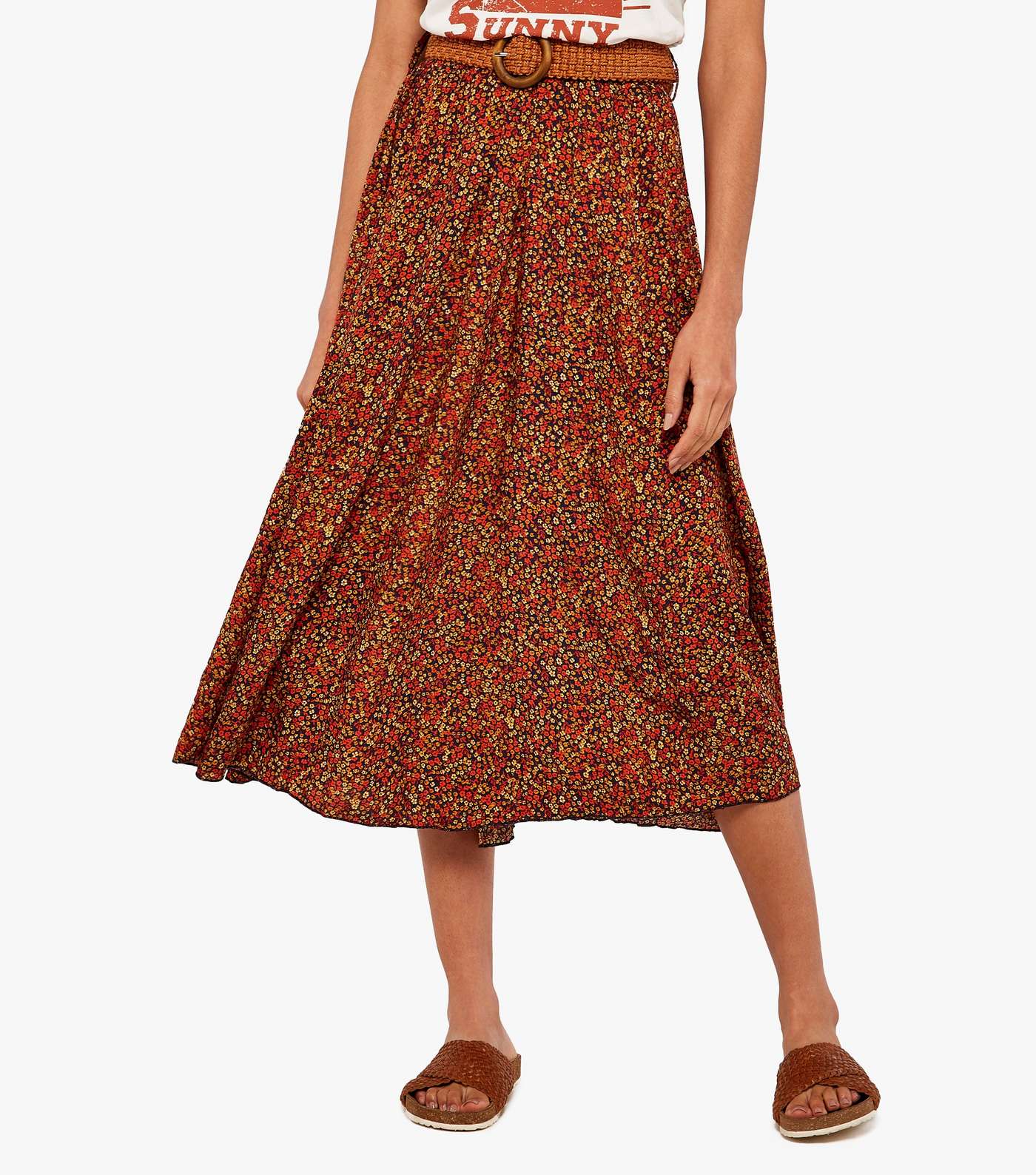 Apricot Navy Ditsy Floral Belted Midi Skirt Image 2