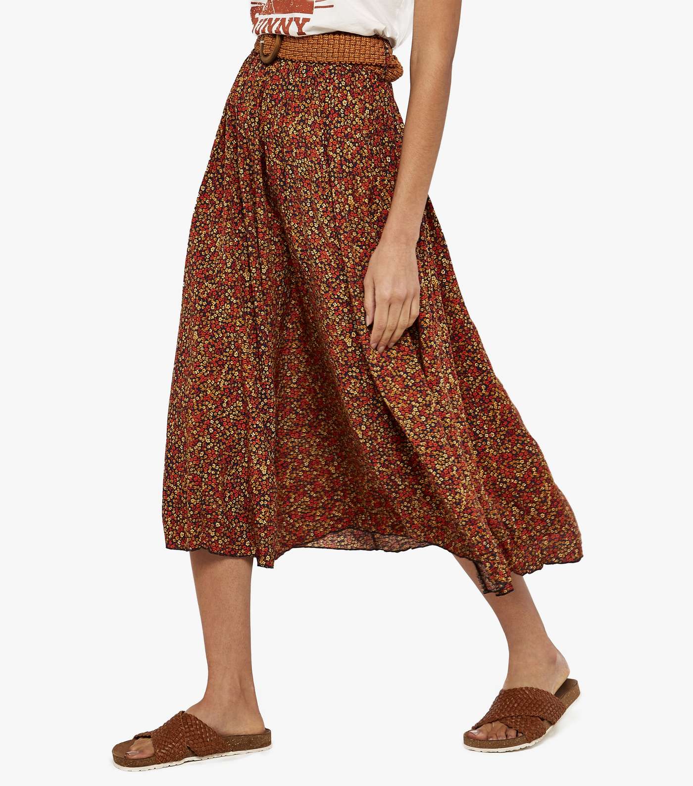Apricot Navy Ditsy Floral Belted Midi Skirt Image 4