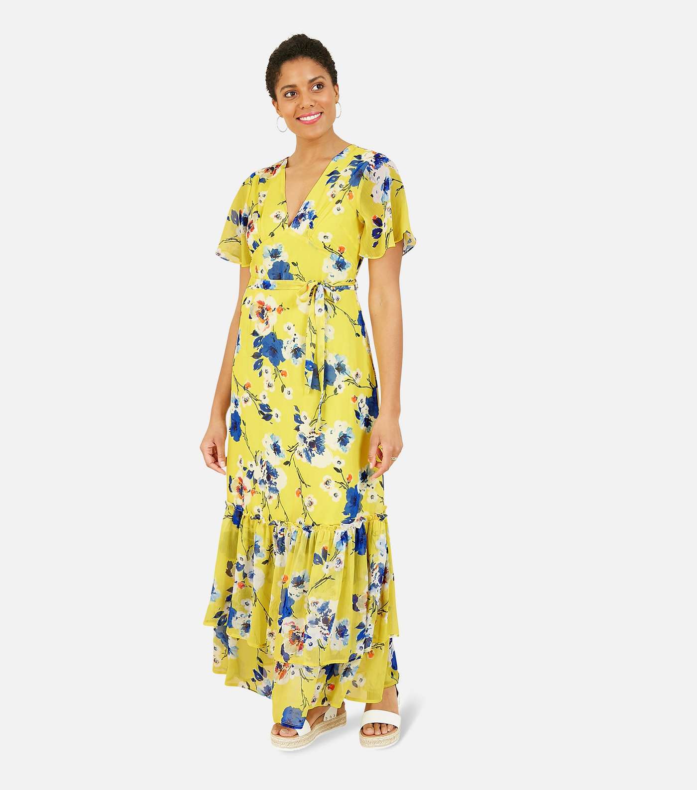 Yumi Yellow Floral Tiered Maxi Wrap Dress