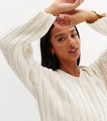 Petite Cream Ribbed V Neck Long Sleeve 