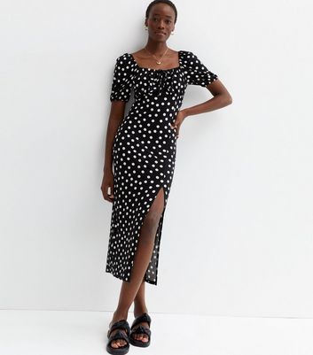 Tall Black Spot Short Puff Sleeve Midi 
