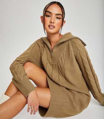Urban Bliss Olive Cable Knit 1/2 Zip Collared Mini Dress