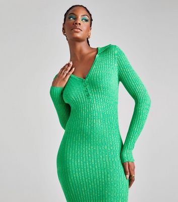 Urban Bliss Green Ribbed Knit Button Front Midi Polo Dress New Look